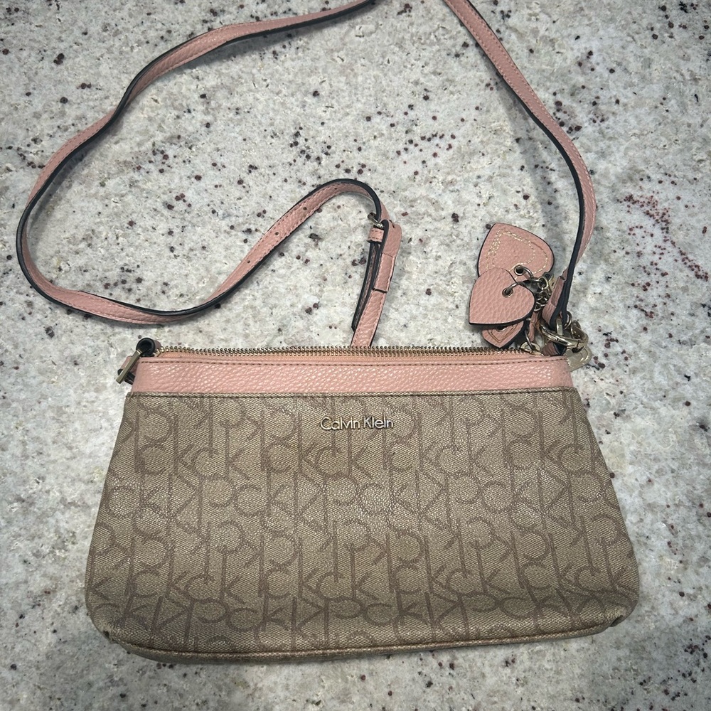 Calvin Klein Tan Monogram Crossbody with Pink Trim